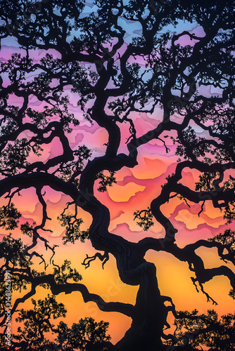 Obraz na płótnie Solitude in Silhouette: The Intricate Elegance of a Tree at Sunset Against a Colorful Sky w salonie