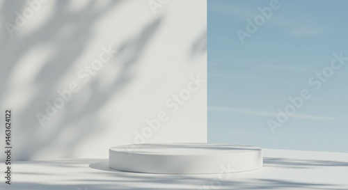 White Podium Display Under Tree Shadows on Minimal Blue Background