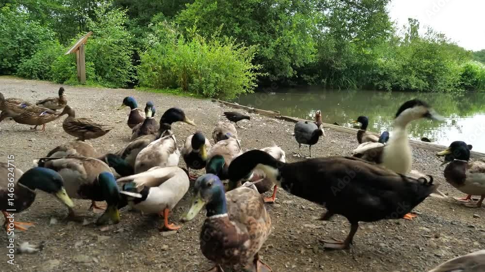 Ducks feeding on seeds together, multiple ducks foraging for food.
