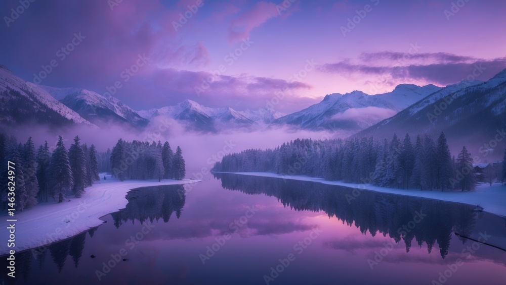 Fototapeta premium Snowy alpine scenery with lake, forest, and colorful sky in Slovenia during winter night