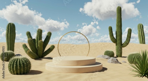 Product Display Platform with Cacti in Desert Landscape