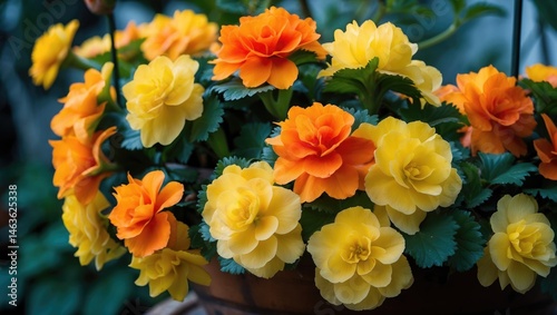 Bright and vibrant orange Begonia tuberous flowers in a lush garden setting
