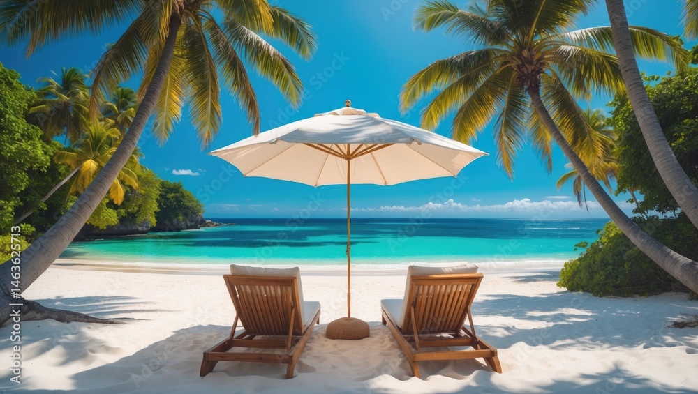 Fototapeta premium Beautiful tropical beach scene featuring white sands, palm leaves, and a panoramic background perfect for travel and tourism promotion.
