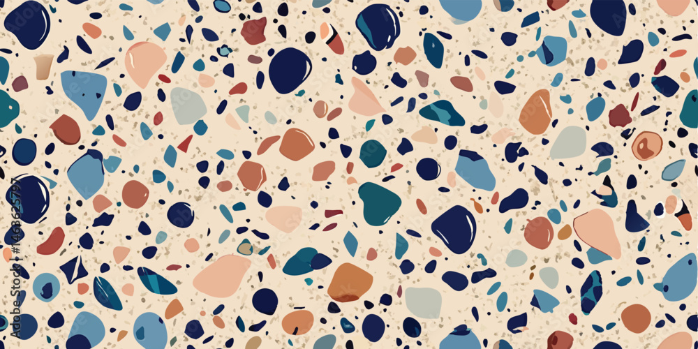 Seamless terrazzo pattern design with colorful aggregate chips on beige background