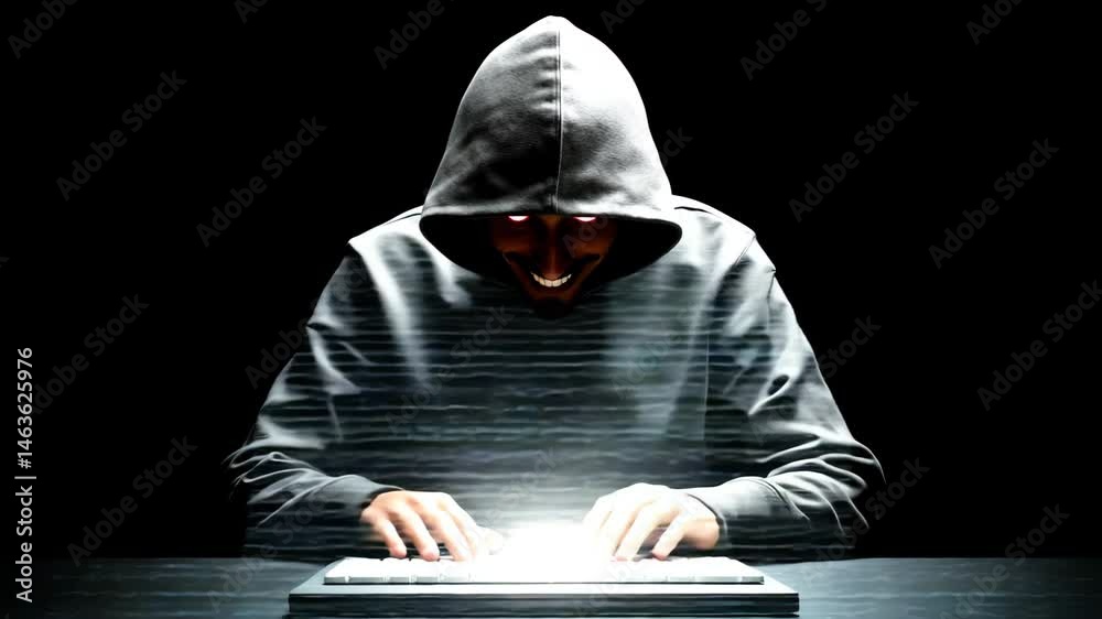 Cyber attack hacker glitch with glowing eyes, cyber attack glitch motion showing cyber attack glitch hacker in dark server room, cyber attack glitch atmosphere with neon lights