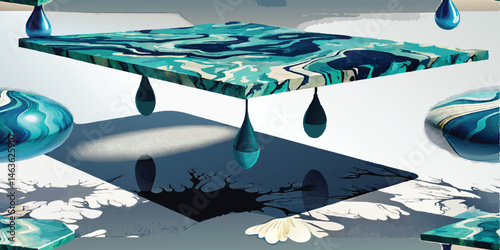 Abstract turquoise table and floating drops illustration surreal still life concept