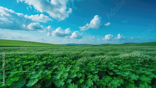 Flower-filled field with a vibrant blue sky overhead