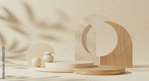 Display Platform with Geometric Shapes and Neutral Color Scheme