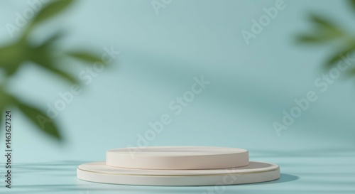 Display Podium with Foliage Shadows on Light Blue Background