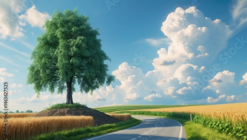 Single black poplar tree along the rural road surrounded by agricultural land on a windy day
