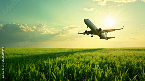 Shadow airplane flying above green field. Sustainable fuel. Biofuel in aviation. Sustainable transportation and eco-friendly flight with biofuel use. Aviation sustainability. Biofuel in air travel.