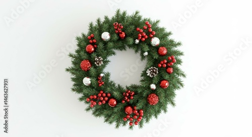 Festive Holiday Wreath with Ornaments and Berries on White Background