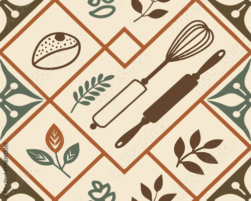 Vintage kitchen tile pattern with rolling pin, whisk, herbs, and bread illustration