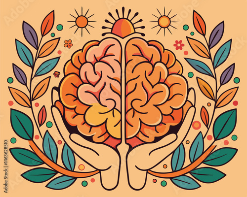 Spiritual brain care concept with hands, sun, and botanical symbols