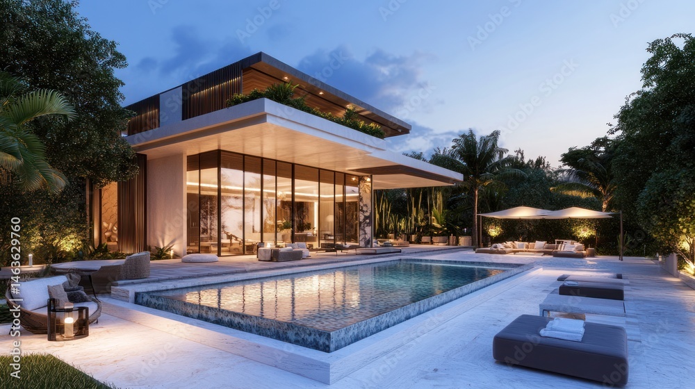Fototapeta premium Modern villa with pool at sunset, serene outdoor setting