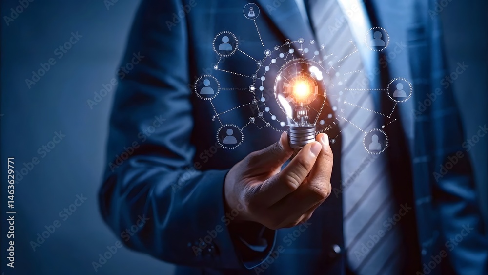 Obraz premium Businessman Holding Glowing Light Bulb of Connectivity.Business professional holding a glowing digital brain, representing artificial intelligence and innovation in technology.