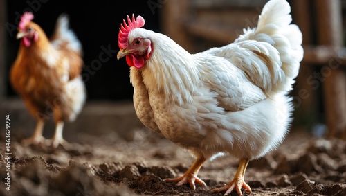 Rural farmyard with white hen and chickens searching for food on soil