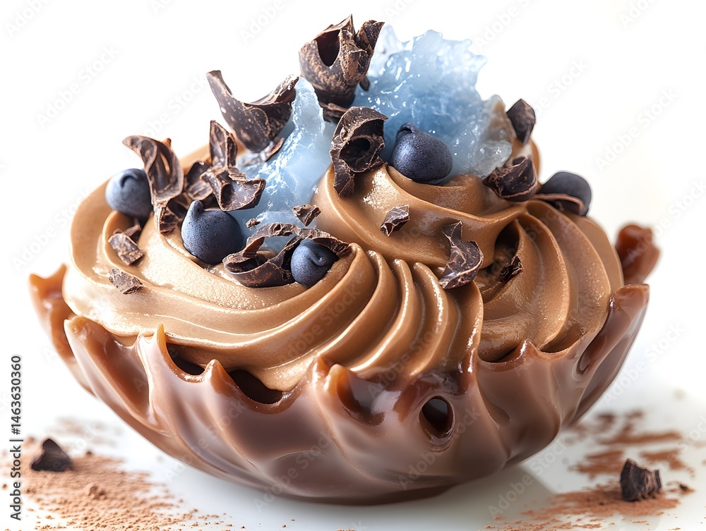 chocolate cocoa dessert, serene lightwave world, icy blue accents, isolate on white background.