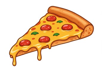 Cartoon pizza slice with pepperoni and cheese dripping on a white background
