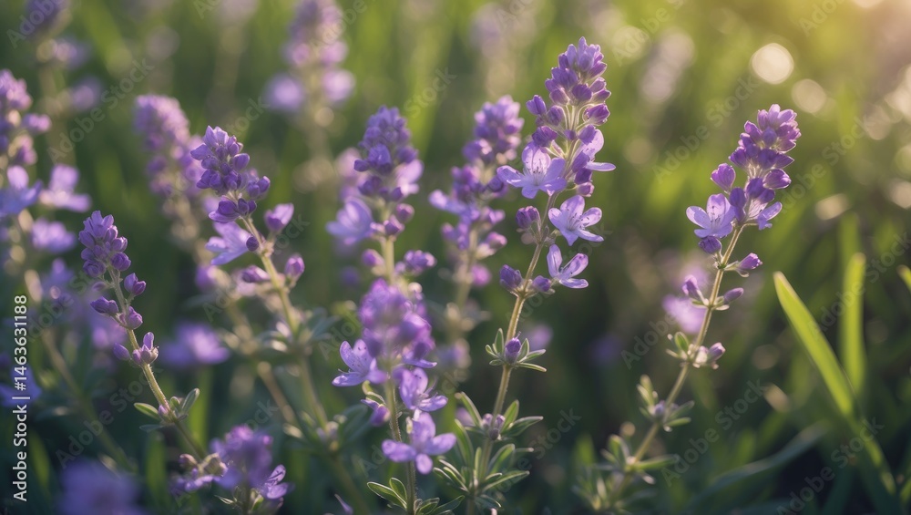 Obraz premium Macro image of thyme in bloom, a fragrant wild herb and edible plant, captured outdoors in natural light.
