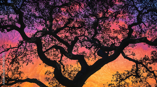 Solitude in Silhouette: The Intricate Elegance of a Tree at Sunset Against a Colorful Sky