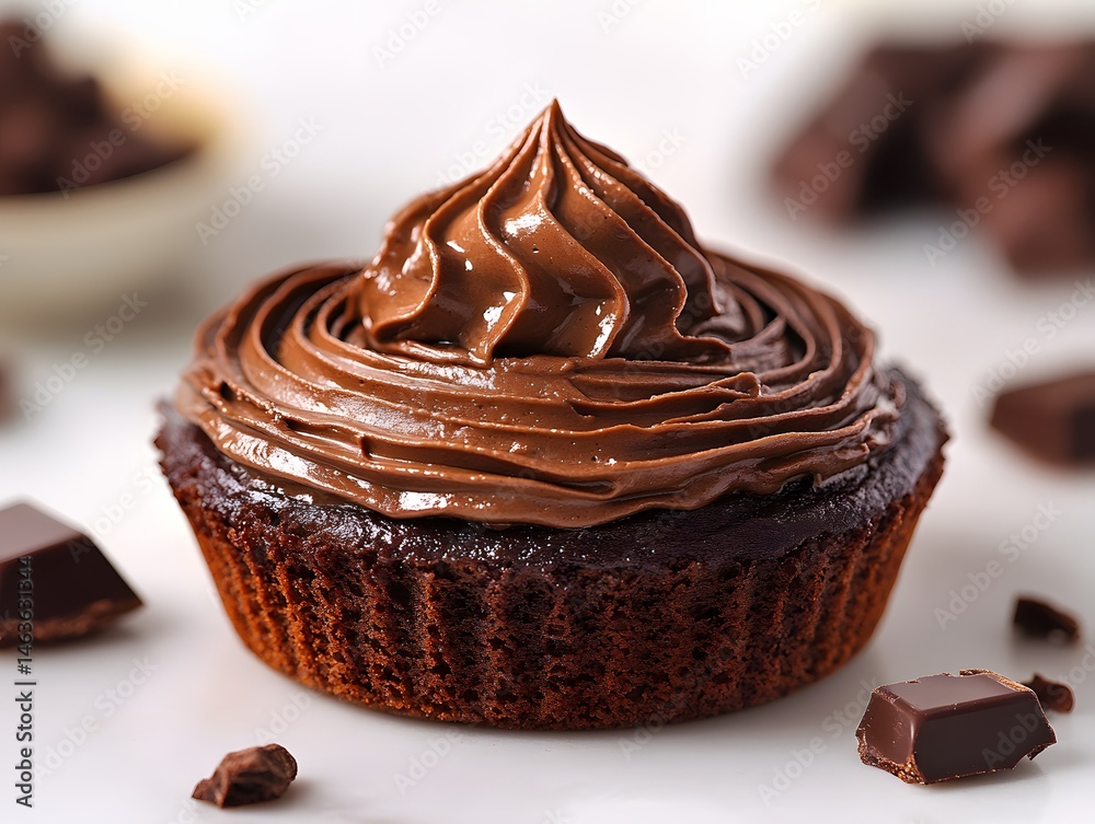 A delicious chocolate cake with rich chocolate frosting sits on a white plate, a sweet treat perfect for a tasty snack