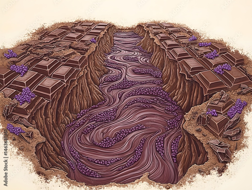 hand drawn chocolate landscape, cocoa rivers, sweet indulgence