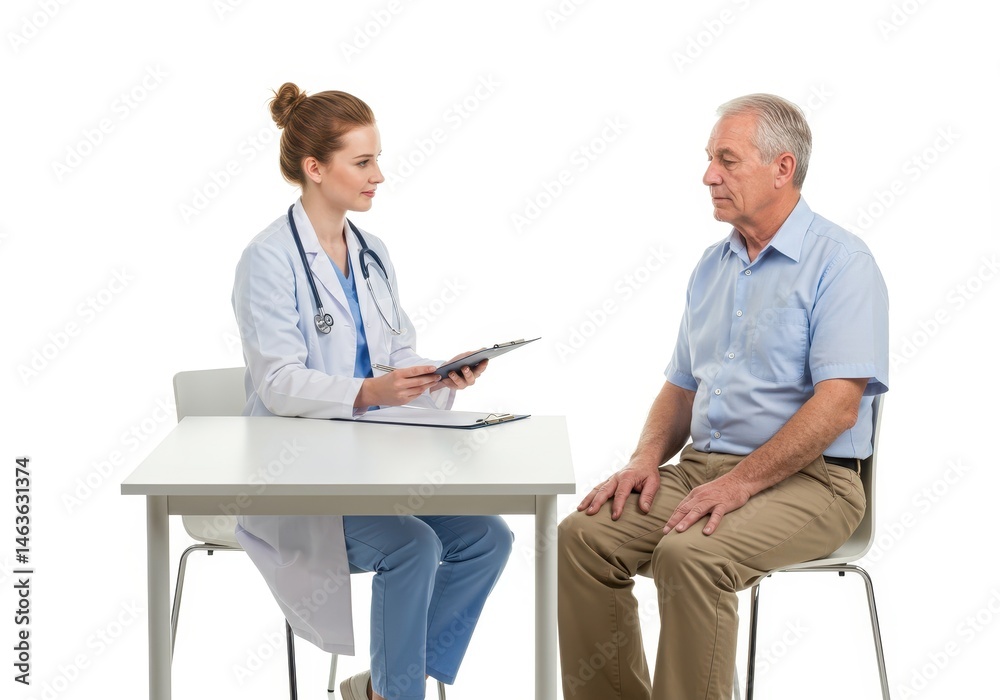 Fototapeta premium Female doctor consulting with senior male patient at desk in clinic