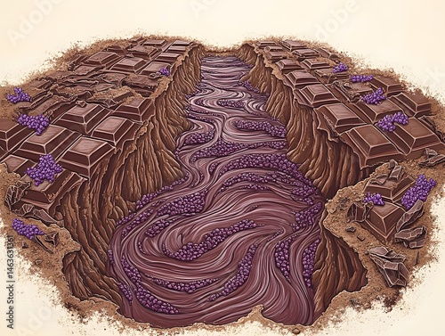 Obraz na płótnie hand drawn chocolate landscape, cocoa rivers, sweet indulgence w salonie