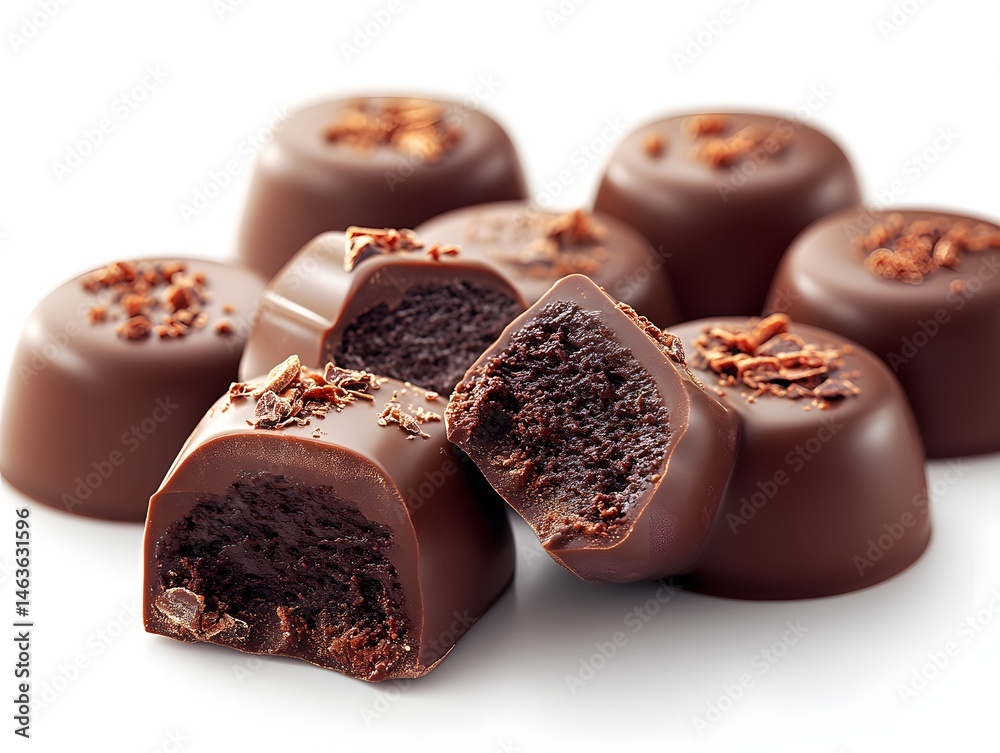 Delicious heart-shaped chocolate candies, a sweet brown dessert, and a single chocolate candy are isolated on a white background as a tasty snack