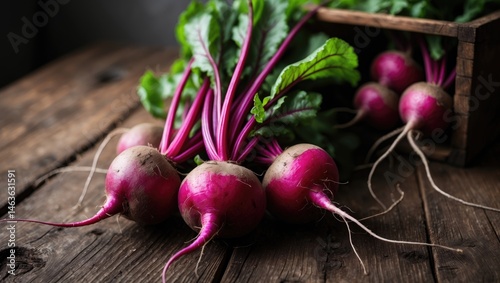 Homegrown purple beets displayed on wooden crate for plant-based cuisine
