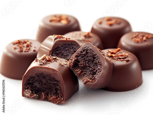 Obraz na płótnie Delicious heart-shaped chocolate candies, a sweet brown dessert, and a single chocolate candy are isolated on a white background as a tasty snack w salonie
