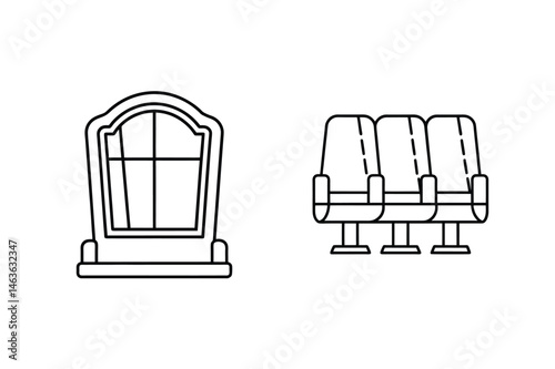 Simple vector illustration of a detailed tombstone and theater seating arrangement on white background