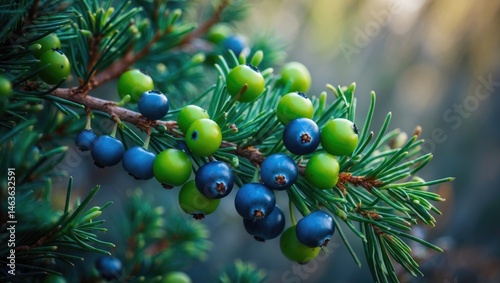 Juniperus communis berries showcasing vibrant green and blue shades