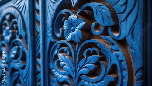 Old wooden wardrobe with blue stained surface, floral pattern, and textured carving details