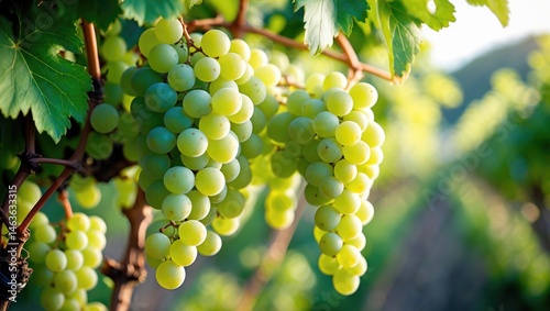 Juicy white grape bunches growing outdoors