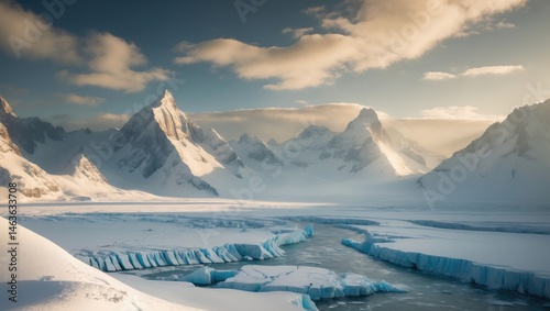 Stunning snowy scenery with towering mountains, glaciers, and ice crack formations.