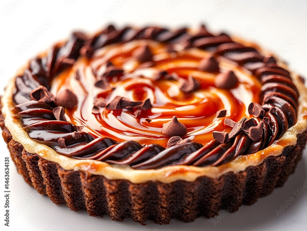 A delicious chocolate cake, a sweet pastry with cream, sits isolated on a white plate, a tasty treat perfect as a snack or birthday dessert