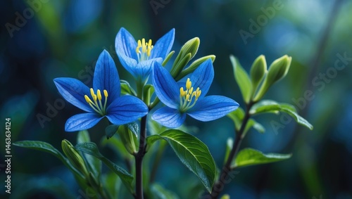Delicate three-petaled blue flowers of Tradescantia featuring yellow stamens above narrow bright-green leaves on slender branches