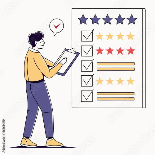 Customer reviews and feedback illustration featuring a person assessing star ratings