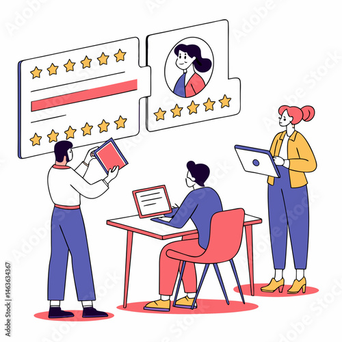 Team assessing customer feedback and providing positive service experience with technology