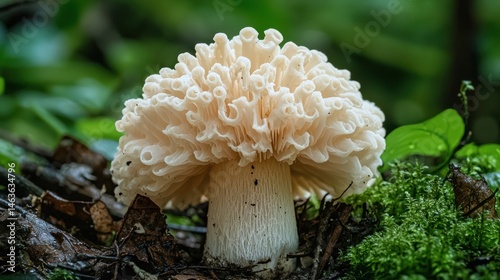 A detailed image of a fresh, crisp shaggy mane mushroom with its distinctive white, curly cap.