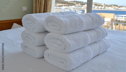 Rolled towels on hotel bed, sea view