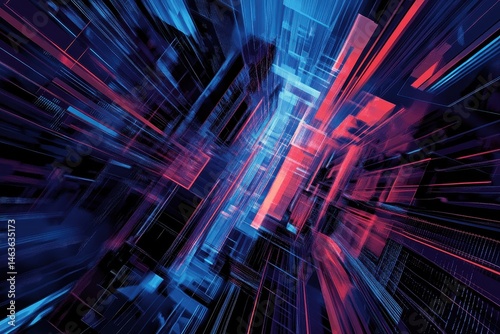 Abstract red and blue geometric shapes in perspective view creating a modern futuristic design concept art