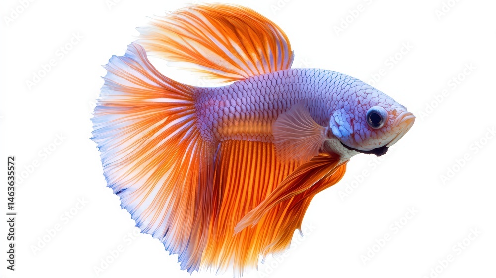 Fototapeta premium Captivating betta splendens fish with flowing orange and blue fins isolated