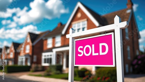 Sold property sign by UK estate agent with residential street view in the background