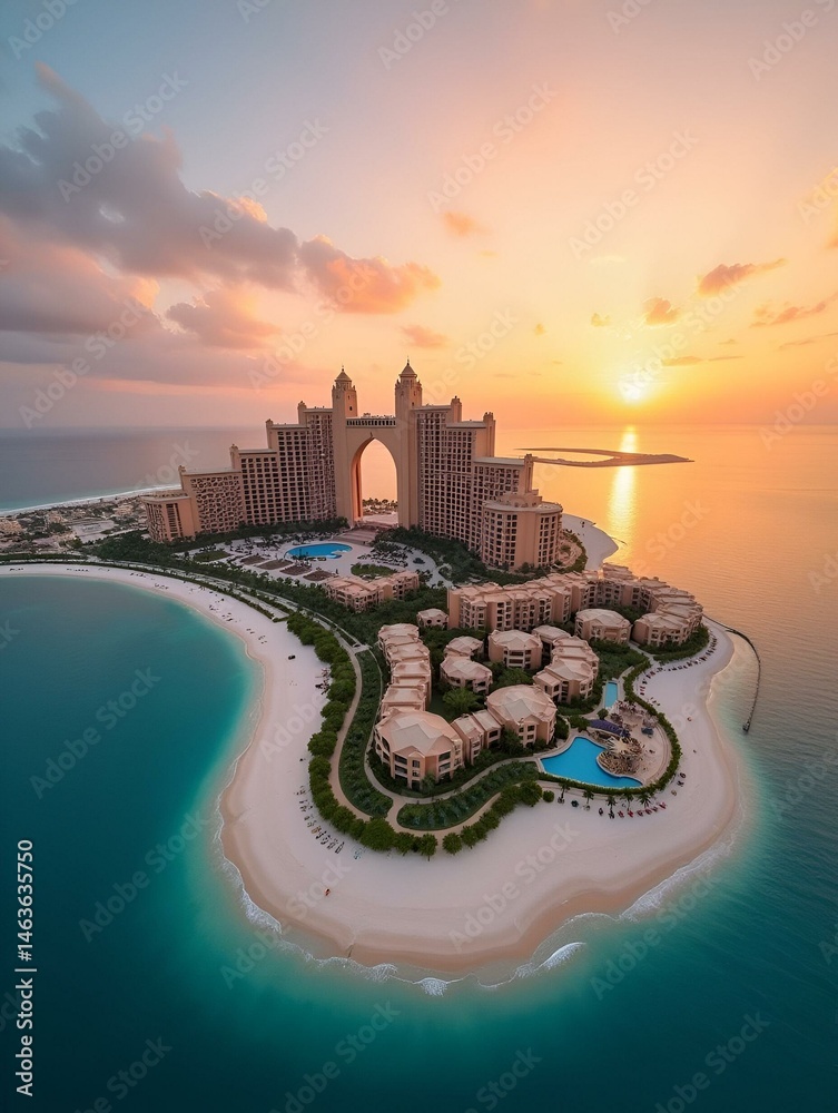 Dubai, UAE. Atlantis at Palm Jumeirah and villas with white sand beaches at sunset
