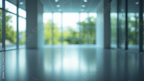 Inside a modern office space showing a blurry hallway and waiting area with glass window and ambient light