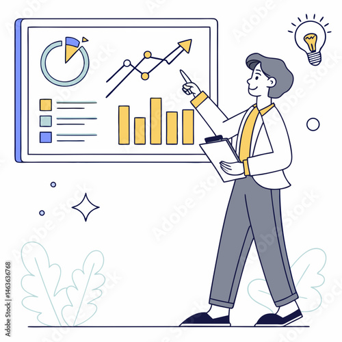 Business analyst presenting financial data on a white background illustration