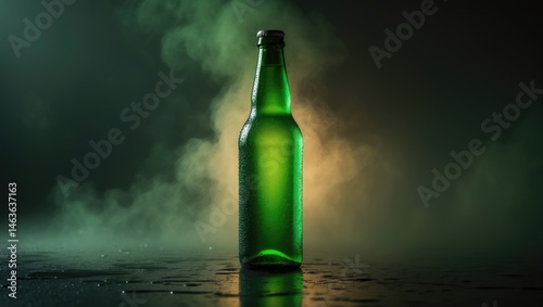 Beer bottle with condensation on a smoky background